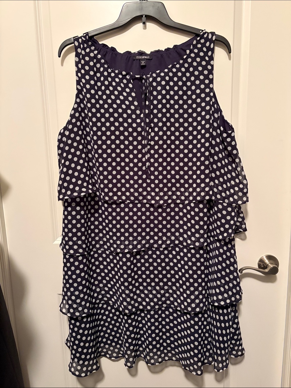 Roz & Ali Navy and White Polka Dot Tiered Midi Dress